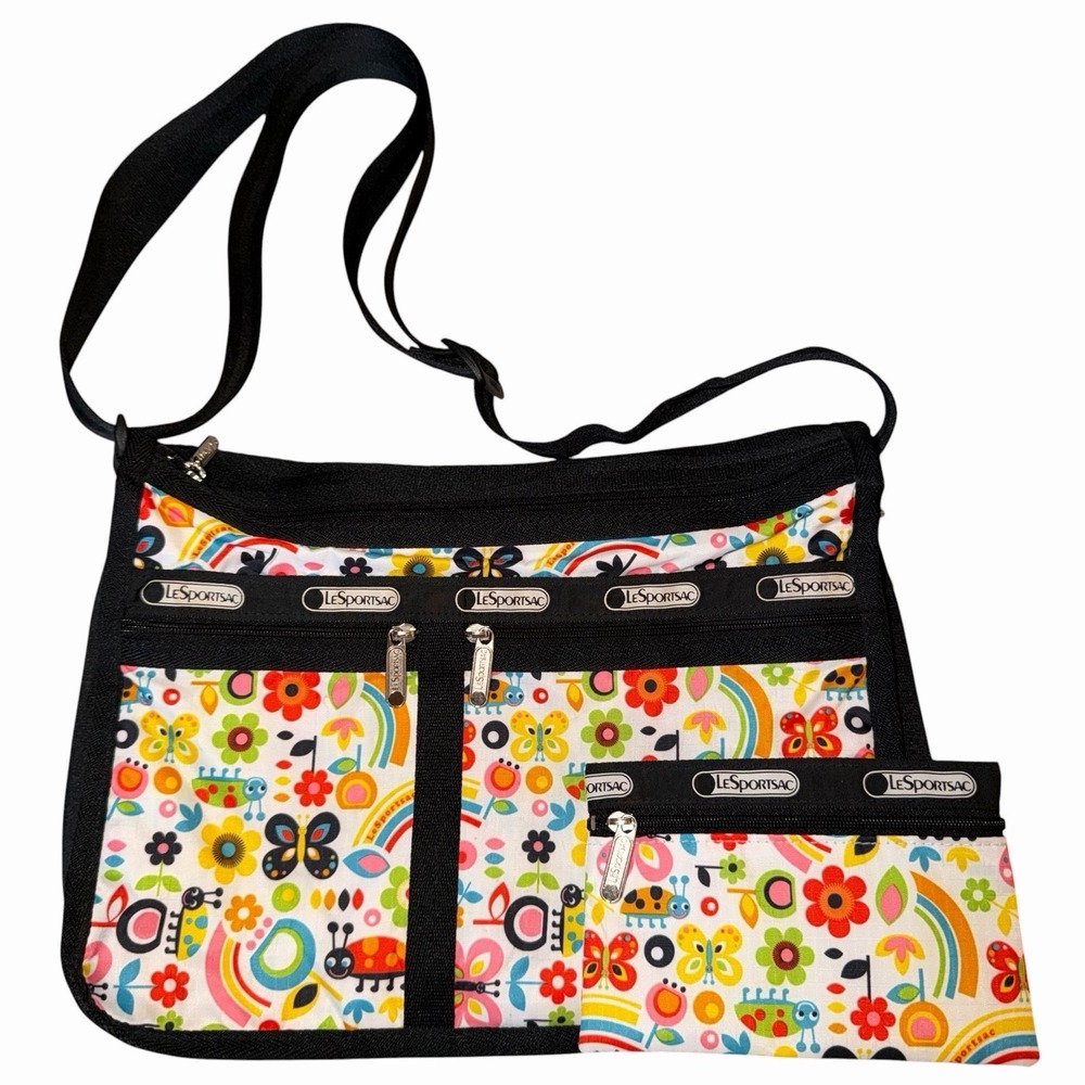 LeSportSac Everyday Bag/Cosmetic Bag Set Whimsical Ladybugs Rainbows Flowers
